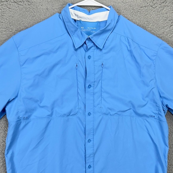 Under Armour Shirt Button Up Mens 2XL Blue Fishing Hiking Outdoor Short Sleeve